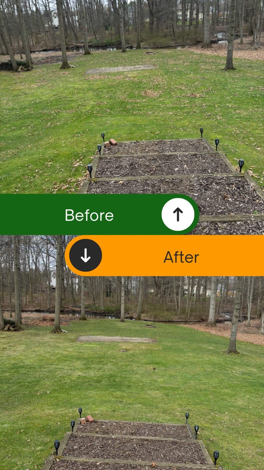 Before and after of a Fresh Cut Lawns yard cleanup, the area cleared and tidy.
