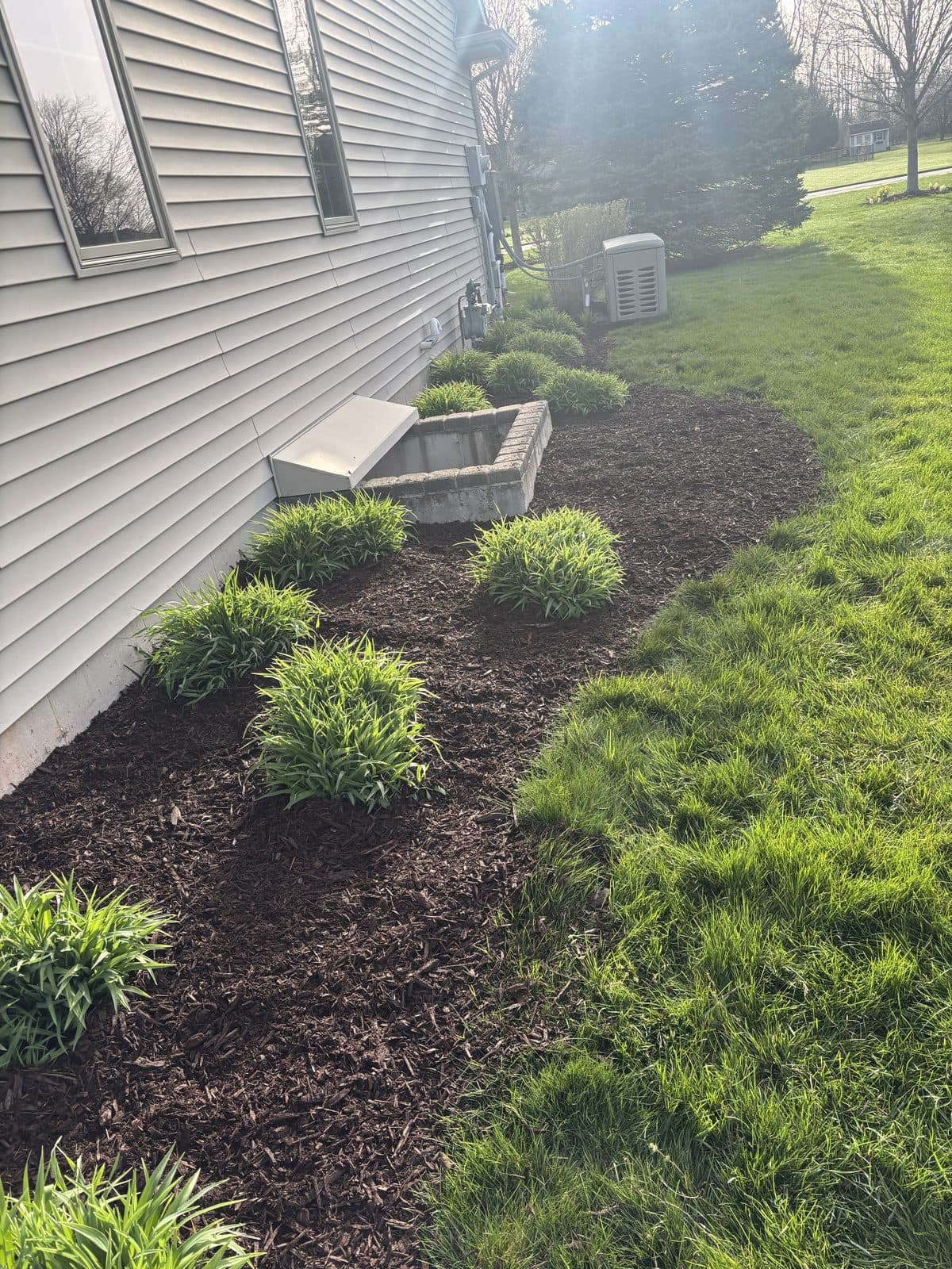Freshly mulched and sharply edged landscape beds installed by Fresh Cut Lawns.