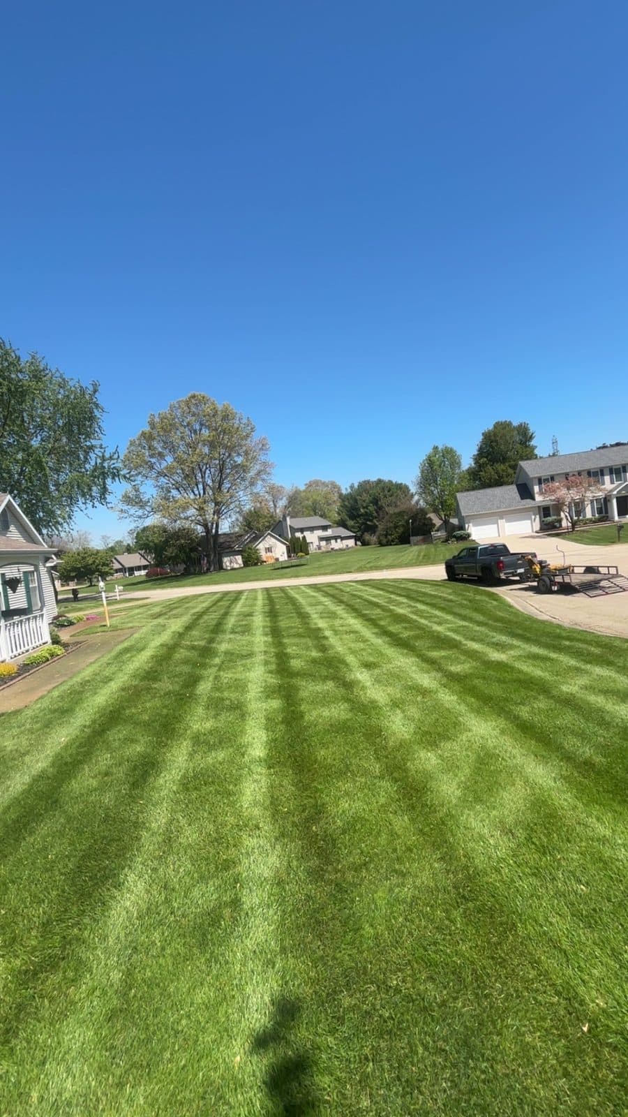 A residential lawn freshly mowed with clean, straight mowing stripes by Fresh Cut Lawns.