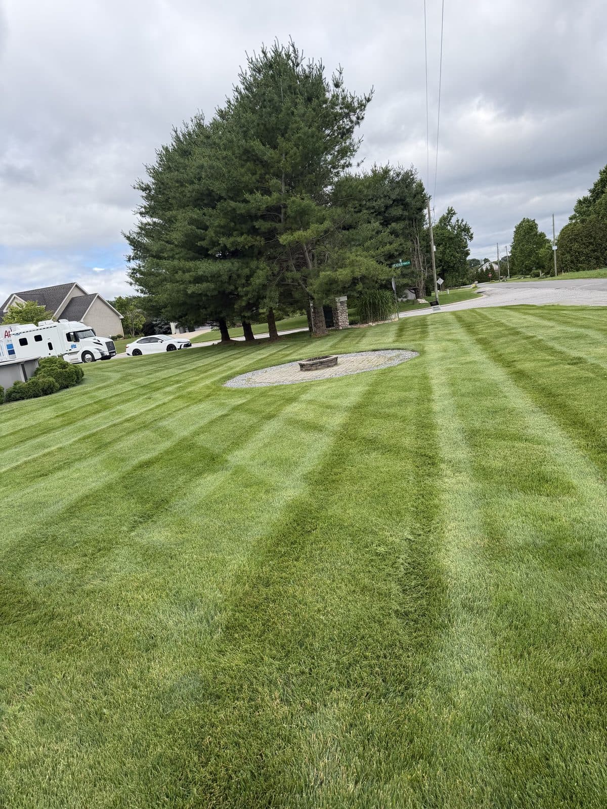 A residential lawn freshly mowed with clean, straight mowing stripes by Fresh Cut Lawns.